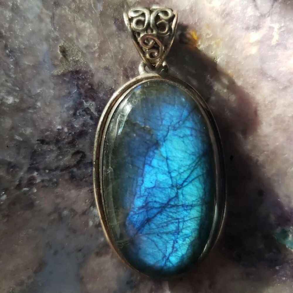 Labradorite pendant with silver filigree detailing one of a kind handmade in USA
